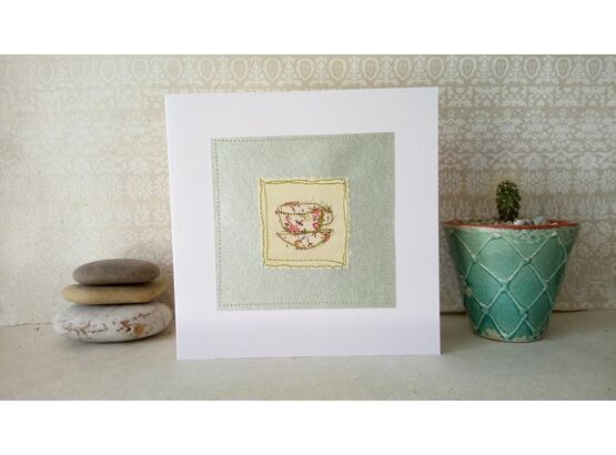'Cute Teacup' Handmade Embroidery Greetings Card