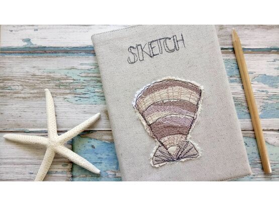 Shell Embroidered Sketchbook presented in our kraft gift box