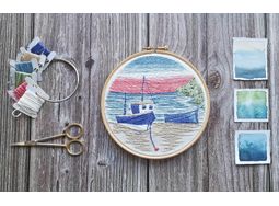 "Moored Boats" Coastal Embroidery Pattern Design Panel alternative