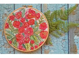 Roses Floral Embroidery Pattern Linen Panel Design alternative