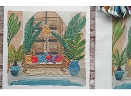 Moroccan Courtyard Garden Linen mix Embroidery Pattern Design alternative