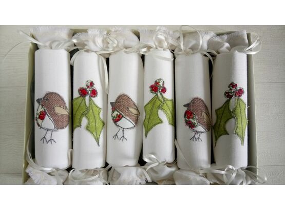 Christmas Cracker Box set of 6 Robin and Holly Embroidered Set