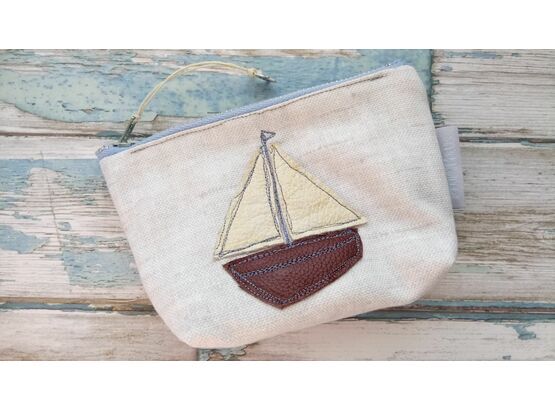Embroidered Leather Sailboat Coin Purse