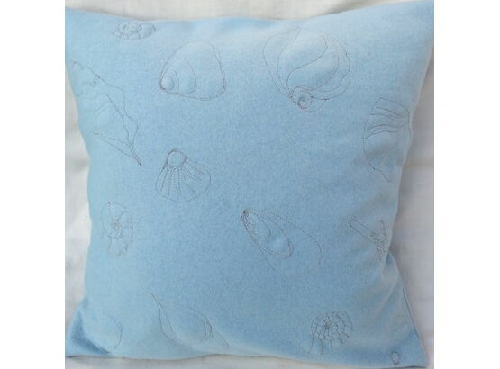 'Shell Seekers' Blue Embroidered Cushion