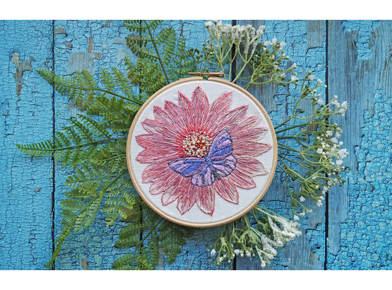 Gerbera and Butterfly Linen Embroidery Pattern Design
