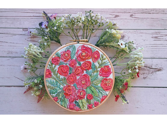 Roses Embroidery Pattern Linen Panel Design