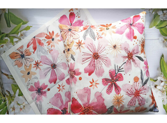 Pink Botanical Watercolour Embroidery Pattern For Cushion Cover