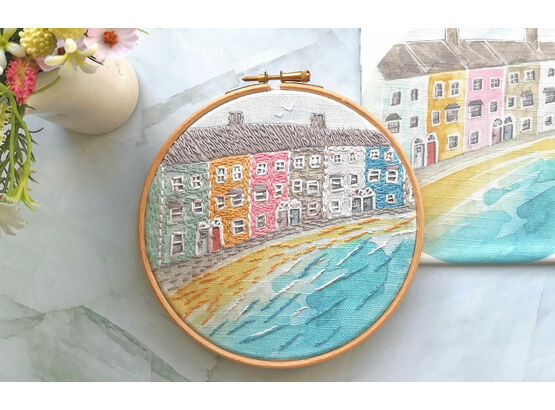 Pastel Cottages Linen Embroidery Pattern Design