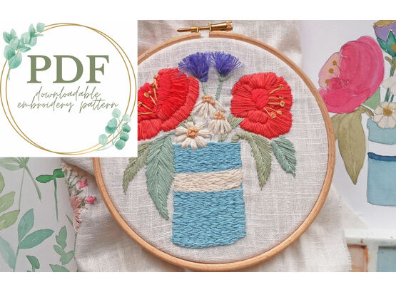 *NEW* Cornish Blue pot of flowers Downloadable Embroidery PDF