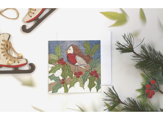 NEW Robin Christmas Card with freehand machine embroidery design