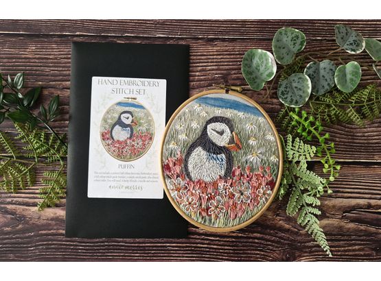 Puffin Stitch Set hand embroidery panel with guides